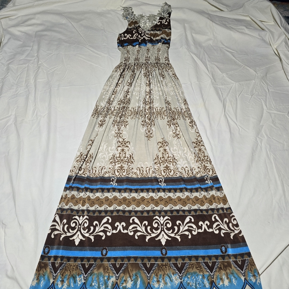 Elegant Blue and Brown Maxi Dress